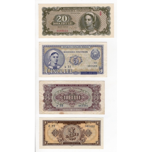 865 - Romania (4), 20 Lei dated 15th June 1950 serial Y/2 0896624, 1 Lei, 3 Lei and 5 Lei dated 1952 (BNB ... 