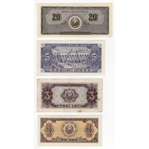 865 - Romania (4), 20 Lei dated 15th June 1950 serial Y/2 0896624, 1 Lei, 3 Lei and 5 Lei dated 1952 (BNB ... 