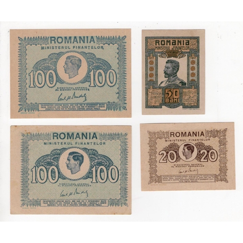 866 - Romania (4), 50 Bani dated 1917, 20 Lei 1945, 100 Lei 1945 x 2 Uncirculated or about