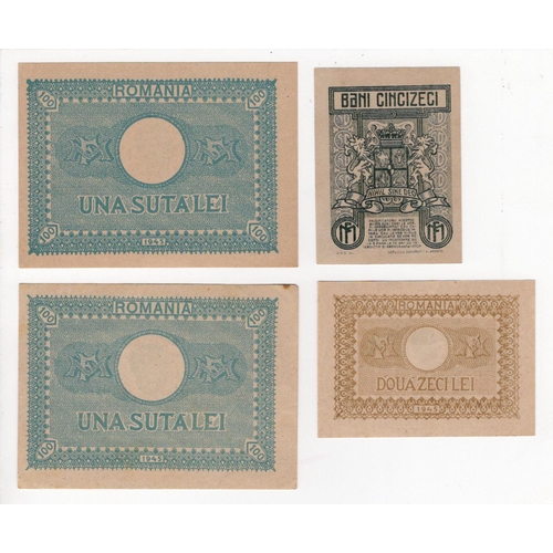 866 - Romania (4), 50 Bani dated 1917, 20 Lei 1945, 100 Lei 1945 x 2 Uncirculated or about