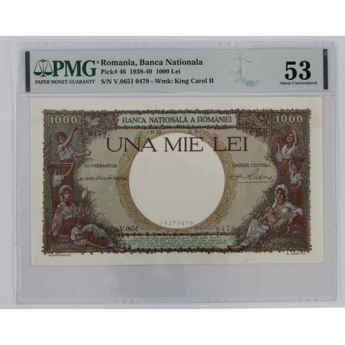 869 - Romania 1000 Lei dated 1938, serial V.0651 0479 (BNB B229b1, Pick46) in PMG holder graded 53 About U... 