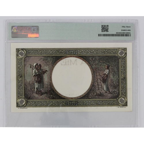 869 - Romania 1000 Lei dated 1938, serial V.0651 0479 (BNB B229b1, Pick46) in PMG holder graded 53 About U... 