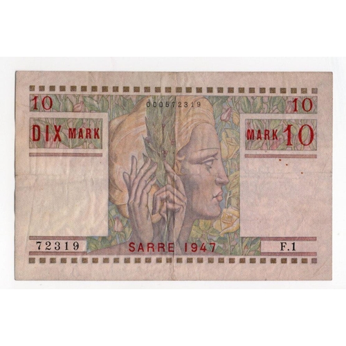 883 - Sarre (Saar) 10 Mark Treasury Issue dated 1947 serial F.1 72319 (BNB B204a, Pick6) about VF