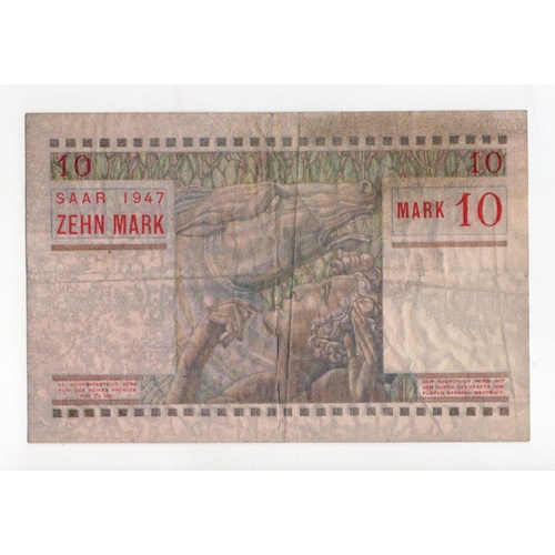 883 - Sarre (Saar) 10 Mark Treasury Issue dated 1947 serial F.1 72319 (BNB B204a, Pick6) about VF