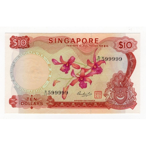 887 - Singapore 10 Dollars issued 1973, seal type II, Orchid series, near SOLID serial number, serial B93 ... 