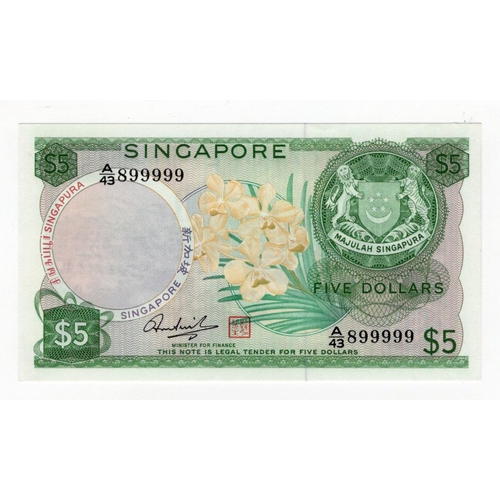 890 - Singapore 5 Dollars issued 1973, seal type II, Orchid series, near SOLID serial number, serial A/43 ... 