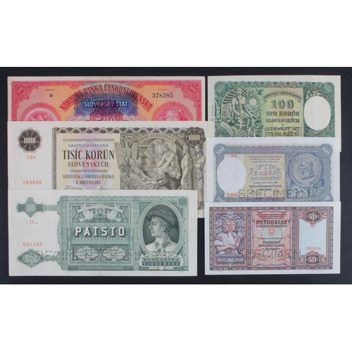 891 - Slovakia (6), a collection of SPECIMEN notes comprising 100 Korun and 50 Korun dated 1940, 100 Korun... 