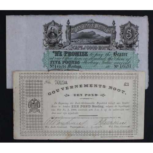 894 - South Africa (2) 5 Pounds Montagu Bank, Cape of Good Hope dated 18xx, unsigned remainder no. 1628 (P... 