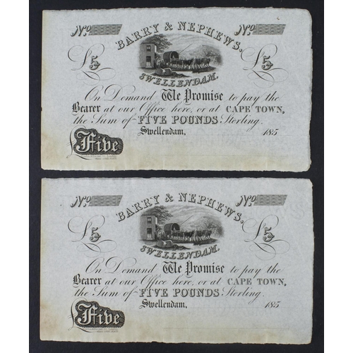 895 - South Africa 5 Pounds (2) Barry & Nephews, Swellendam unissued remainders dated 185x, vignette of ca... 