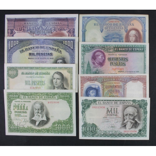 898 - Spain (8), 1000 Pesetas (4) dated 1925, 1928, 1949, 1951 and 1971, 500 Pesetas dated 1927, 1928 and ... 