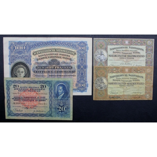 907 - Switzerland (4), 100 Franken dated 1946, 20 Franken dated 1933, 5 Franken (2) dated 1914 and 1951, m... 