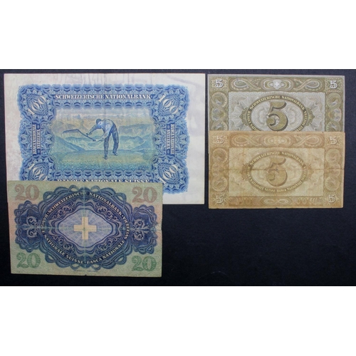 907 - Switzerland (4), 100 Franken dated 1946, 20 Franken dated 1933, 5 Franken (2) dated 1914 and 1951, m... 