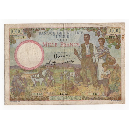 913 - Tunisia 1000 Francs dated 4th September 1946, serial J.290 313 (BNB 225a, Pick26) pinholes, approx 2... 