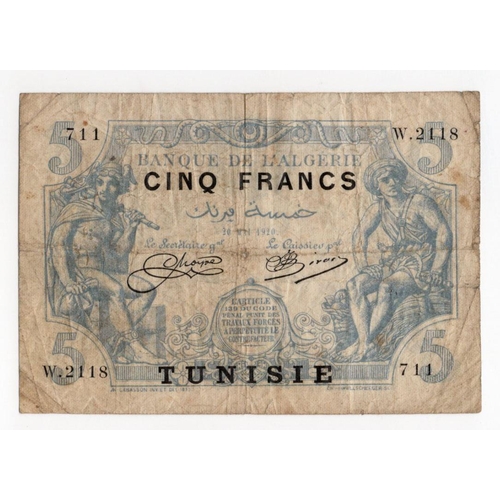 914 - Tunisia 5 Francs dated 20th May 1920, serial W.2118 711 (BNB B201a, Pick1) pinholes and centre hole,... 