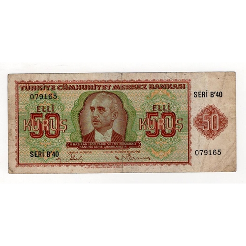 916 - Turkey 50 Kurus issued 1944, serial B'40 079165 (BNB B221a, Pick134) some dirt, Fine+