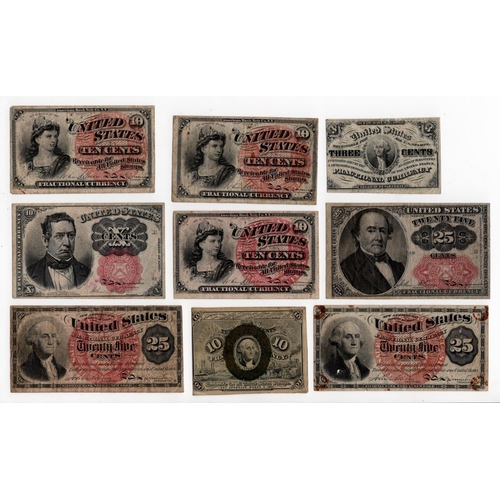 933 - USA Fractional Currency (9), 3 Cents, 10 Cents (4) and 25 Cents (2) dated 3rd March 1863, 10 Cents a... 