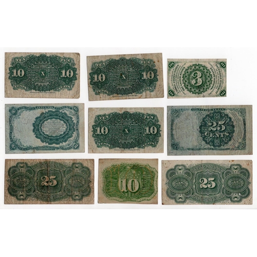 933 - USA Fractional Currency (9), 3 Cents, 10 Cents (4) and 25 Cents (2) dated 3rd March 1863, 10 Cents a... 