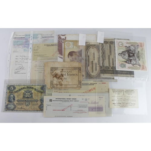 942 - World (18), bank notes and sundry banking ephemera including National Bank of Scotland 5 Pounds date... 