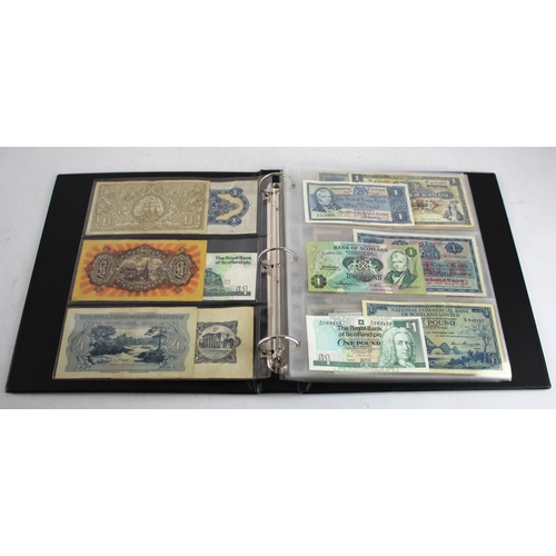 961 - World in album (64), Scotland (15) a good range of 1 Pound notes from various banks, no duplication,... 