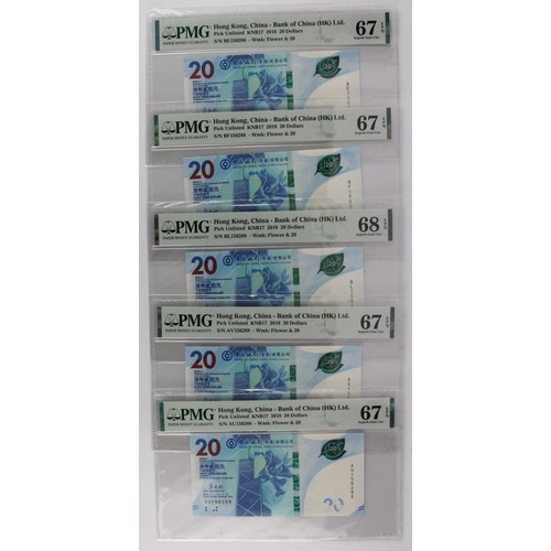 756 - Hong Kong 20 Dollars (5), Bank of China 20 Dollars dated 1st January 2018, 5 notes with MATCHING ser... 