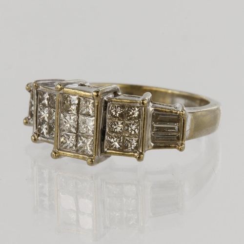 100 - 18ct yellow and white gold multi stone triple cluster ring, with a central rectangular panel set wit... 