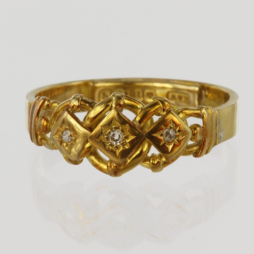 111 - 18ct yellow gold band ring set with three graduated round old cut diamonds calculated as weighing a ... 