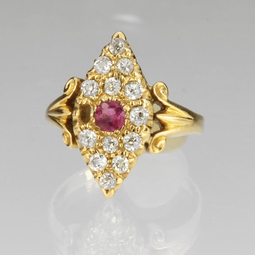 116 - Yellow gold (tests 18ct) Edwardian diamond and ruby navette ring, ruby measures 3mm, one diamond mis... 