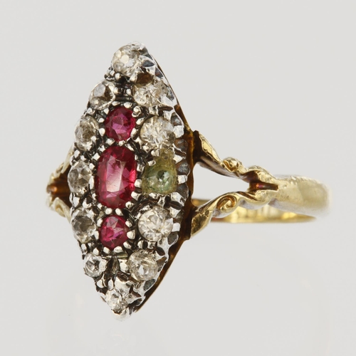 130 - 18ct yellow gold and silver marquise shaped cluster ring set with three graduated rubies, surrounded... 