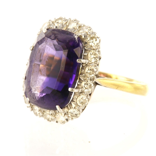 132 - 18ct yellow gold and platinum cluster ring set with a central cushion shaped amethyst measuring appr... 