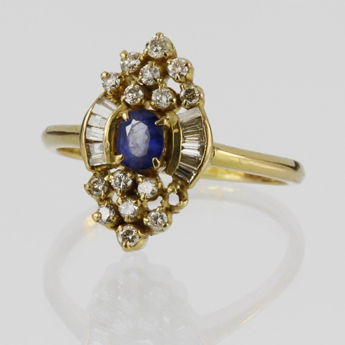 140 - 18ct yellow gold marquise shaped ring set with a central oval sapphire measuring approx. 4mm x 3mm, ... 