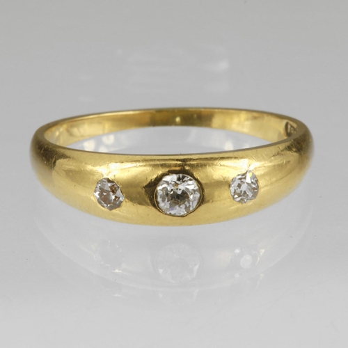 145 - Yellow gold (tests 18ct) diamond gypsy ring, three graduating old cut diamonds, TDW approx. 0.20ct, ... 