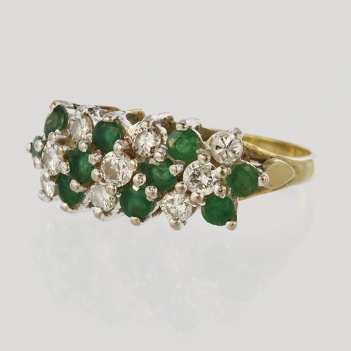 161 - 18ct yellow gold three row emerald and diamond dress ring, set with diagonal rows of 2.5mm diameter ... 