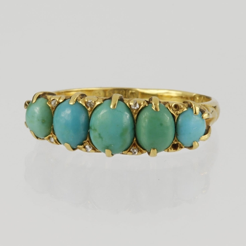 162 - 18ct yellow gold graduated five stone ring set with oval turquoise cabochons, centre stone 6mm x 5mm... 