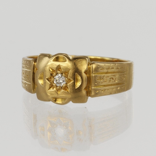 165 - 18ct yellow gold band ring set with a single round old cut diamond weiging approx. 0.05ct, in Gypsy ... 