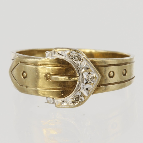 171 - 9ct yellow gold 6mm wide buckle ring with white gold buckle set with three round brilliant cut diamo... 