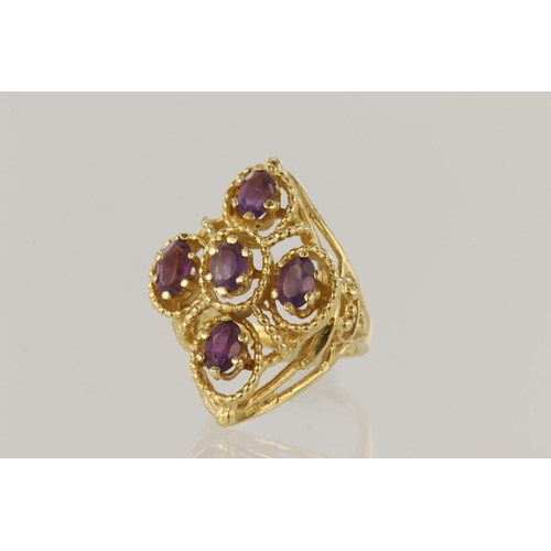 178 - 14ct yellow gold dress ring with rope style decoration, set with five oval amethyst, size of head ap... 