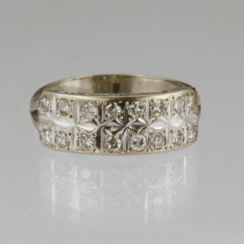 182 - White gold (tests 18ct) diamond two row ring, TDW approx. 0.48ct, with damage, head width 7mm, finge... 