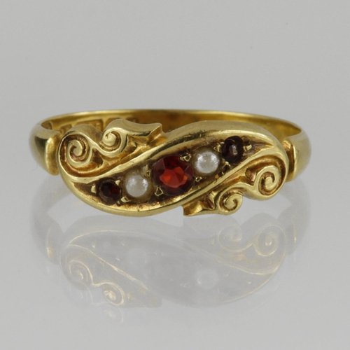 183 - 15ct yellow gold ring set with three rubies and two seed pearls, finger size P/Q, weight 2.8g