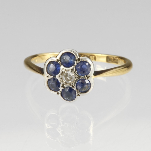 19 - Yellow gold (tests 18ct) diamond and sapphire daisy cluster ring, one single cut diamond approx. 0.0... 