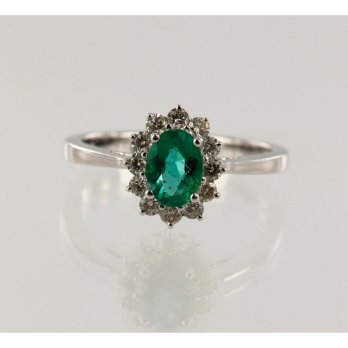 28 - White gold (tests 18ct) diamond and emerald cluster ring, oval cut emerald approx. 0.65ct, surrounde... 