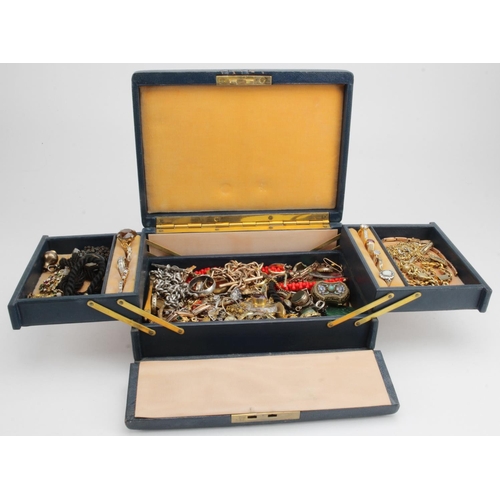 474 - Assortment of yellow metal, silver and costume jewellery contained in an antique jewellery box. Some... 