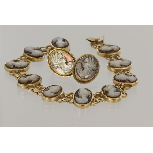 484 - Suite of stamped 14ct yellow gold jewellery to include a bracelet set with ten shell cameos measurin... 