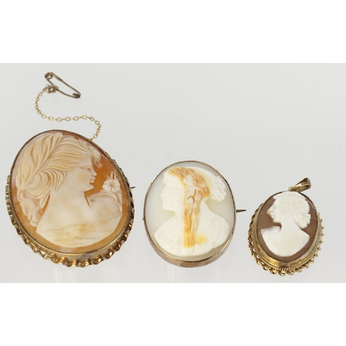 488 - Three 9ct/tests 9ct cameo brooches. Various sizes