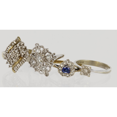 497 - Four 9ct rings to include yelllow gold multi stone diamond fancy cluster ring, finger size P, weight... 