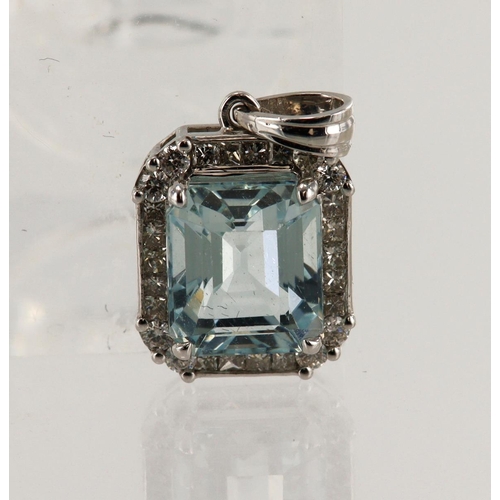 504 - White gold (tests 18ct) diamond and aquamarine cluster pendant, one step cut aquamarine measures 8mm... 