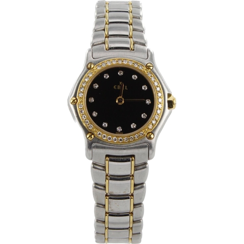 532 - Ebel stainless steel and gold (not plated) ladies quartz wristwatch, ref. 1057902. The black dial wi... 