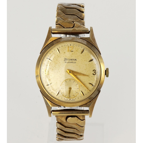 540 - Gents 9ct cased (hallmarked London 1956) Helvitia manual wind wristwatch. The cream dial with subsdi... 