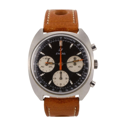 542 - Enicar chronograph stainless steel cased gents manual wind wristwatch. The black dial with applied b... 