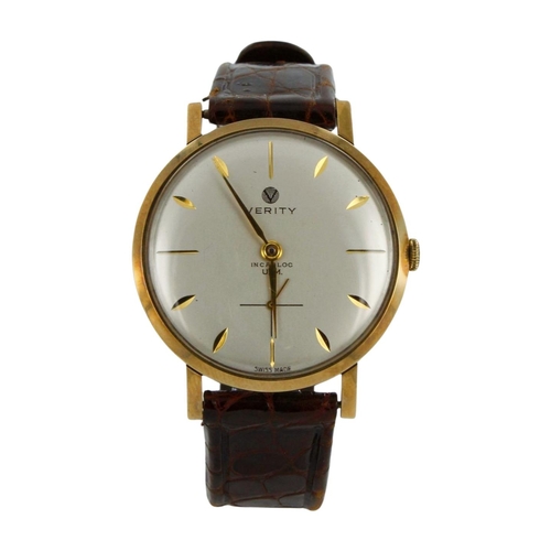 561 - Gents 9ct cased manual wind wristwatch by Verity, circa 1961. The silvered dial with gilt markers, s... 