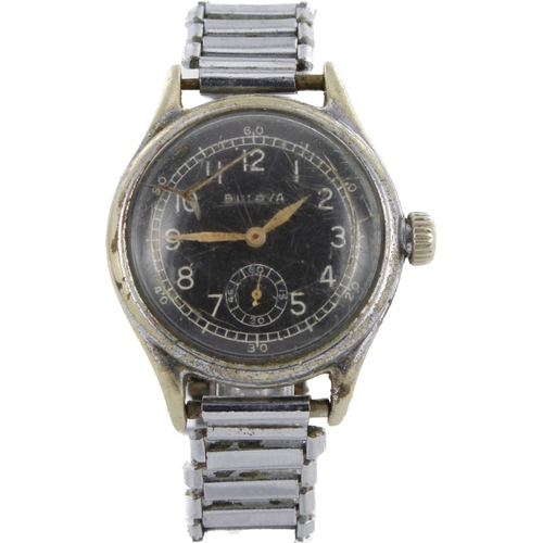 565 - Bulova American Military chrome cased wristwatch. The black dial with Arabic numerals, white outer m... 